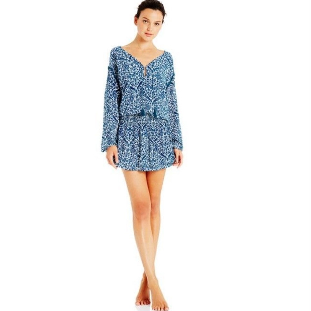 Tigerlily Kira Dress Mini Blue Floral Bird Print Boho Peasant Tassels 6 US Boho